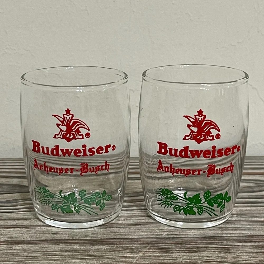 Budweiser Anheuser Busch Barrel Shaped Clear Glasses Set Red Eagle Logo 60s VTG